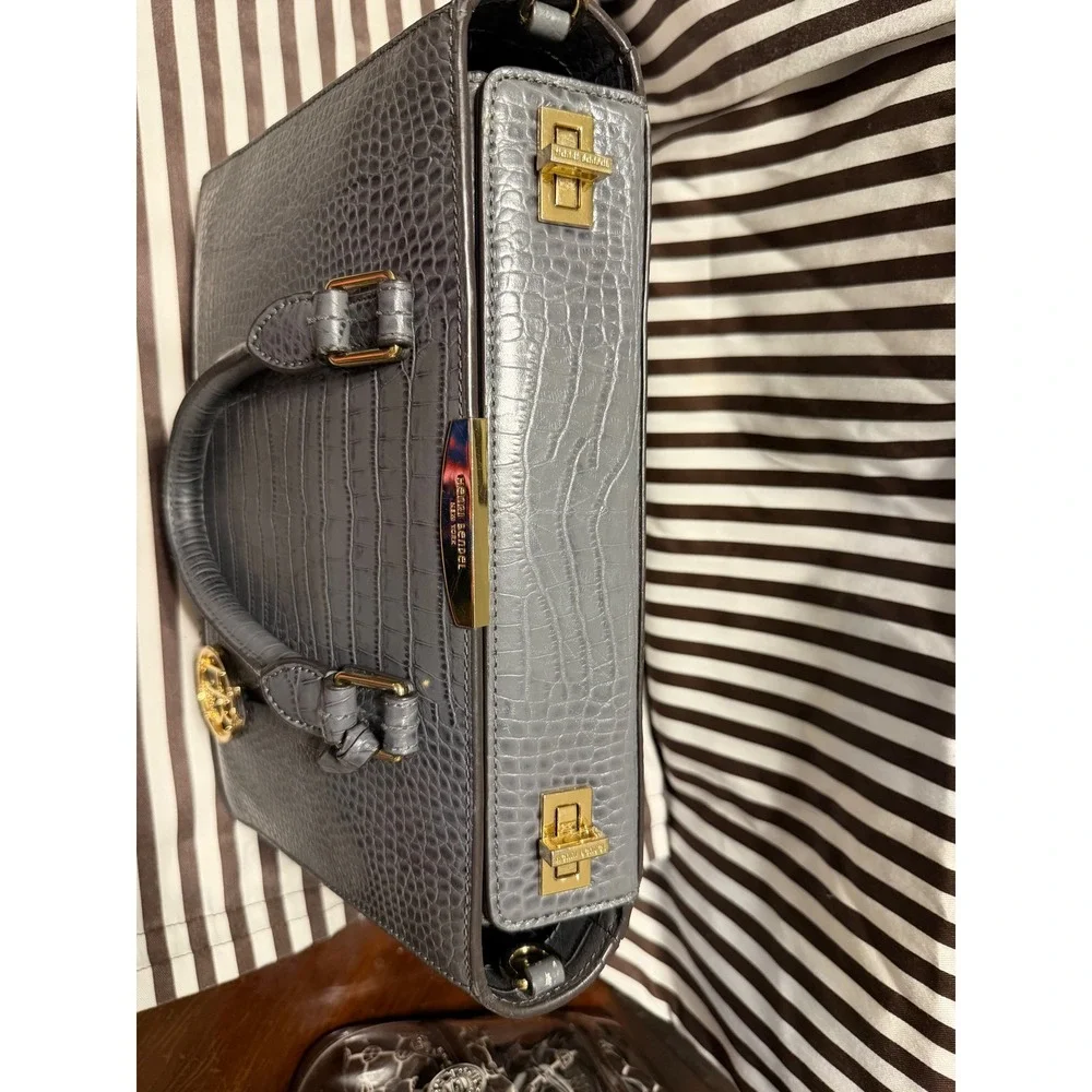 Henri Bendel Grey Crocodile Embossed Leather Satchel Handbag Gold Hardware